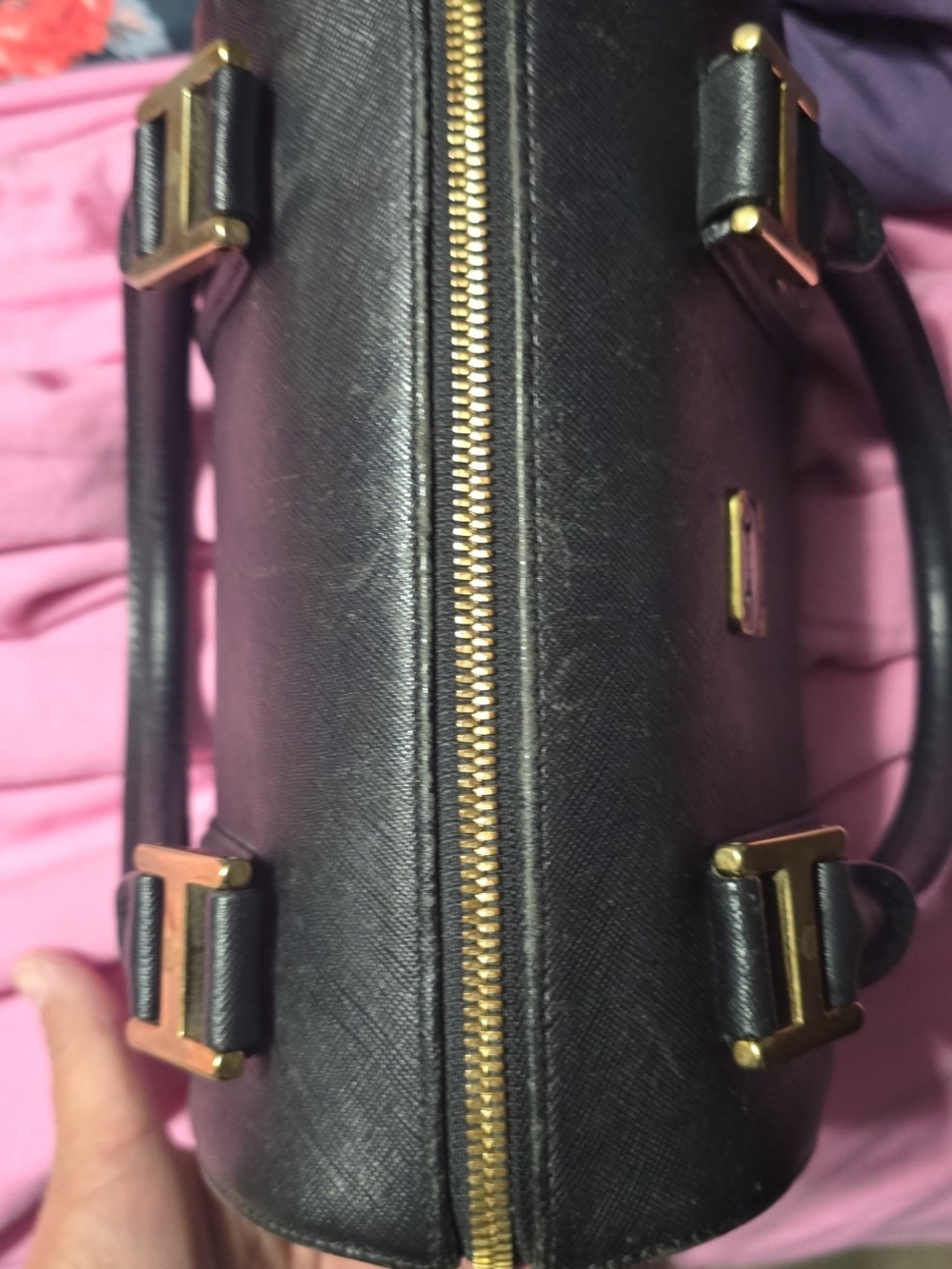 MCM Black Leather Satchel with Gold Hardware